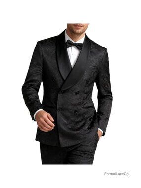 Men's Slim Fit 2 Piece Floral Double Breasted Suit with Bow Tie